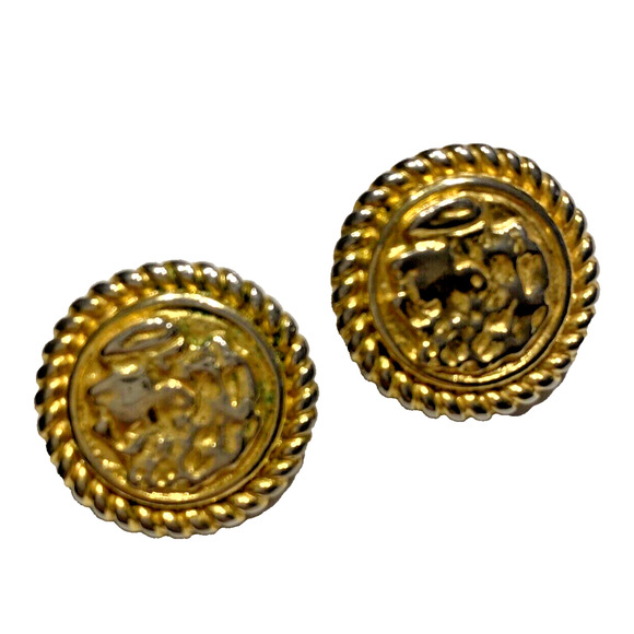 Vintage Mid Century Button Style Clip On Earrings Goldtone Textured Conservative - Picture 1 of 6